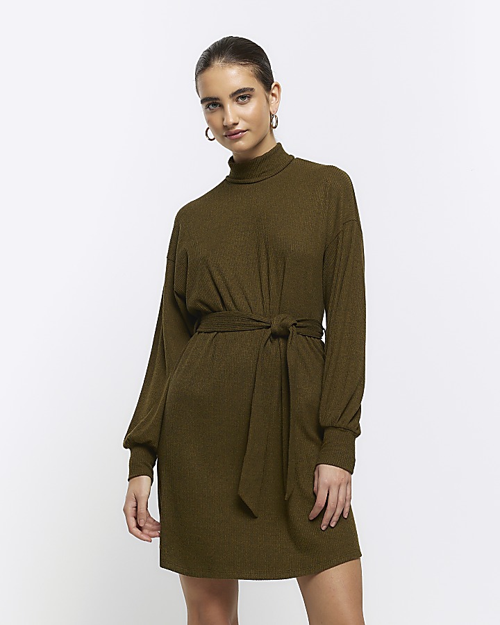 Green rib belted jumper mini dress | River Island