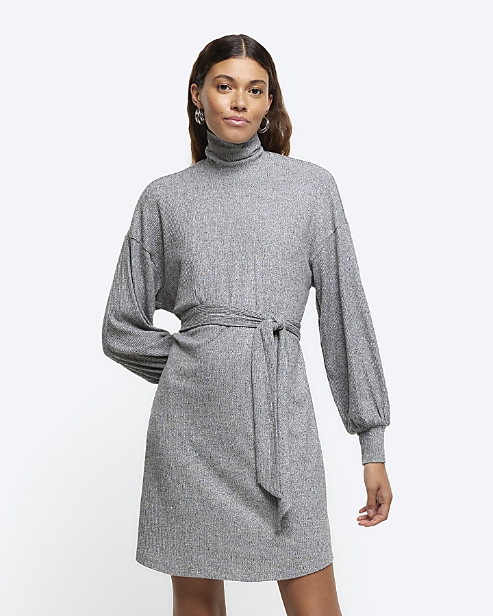 Grey rib belted jumper mini dress
