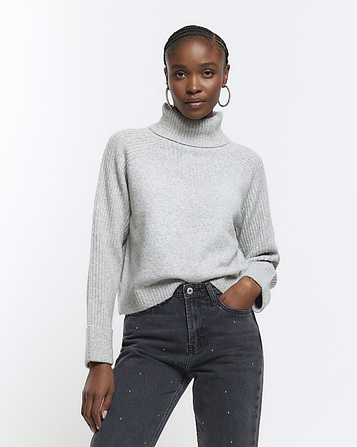 Grey metallic rib roll neck jumper