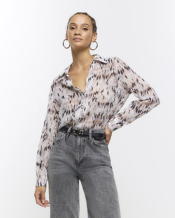 Grey chiffon animal print shirt