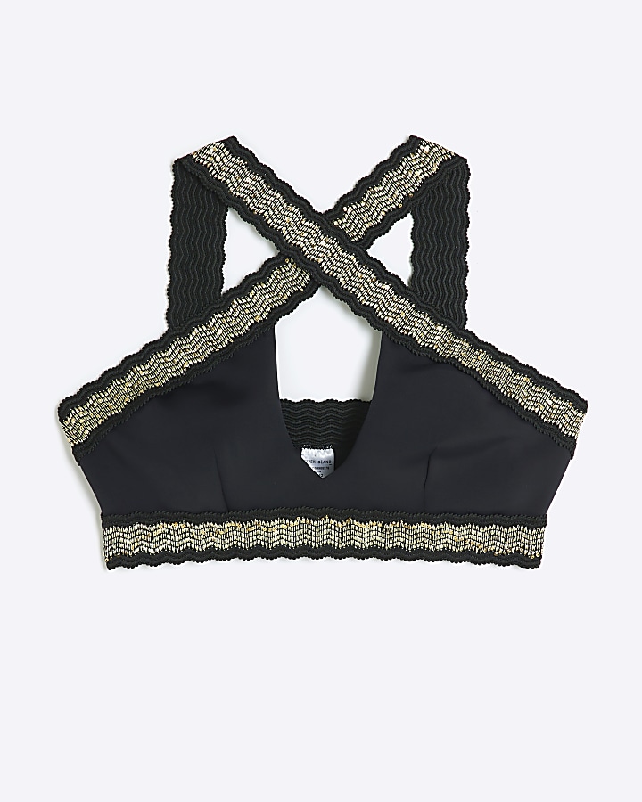 Black sequin elastic halter bikini top