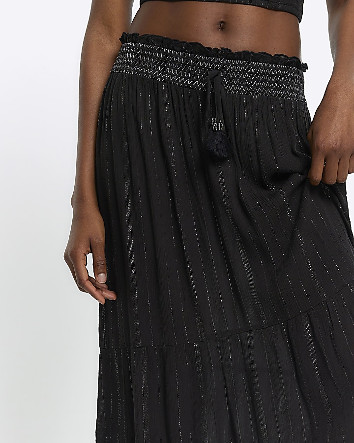 Black shirred metallic maxi skirt