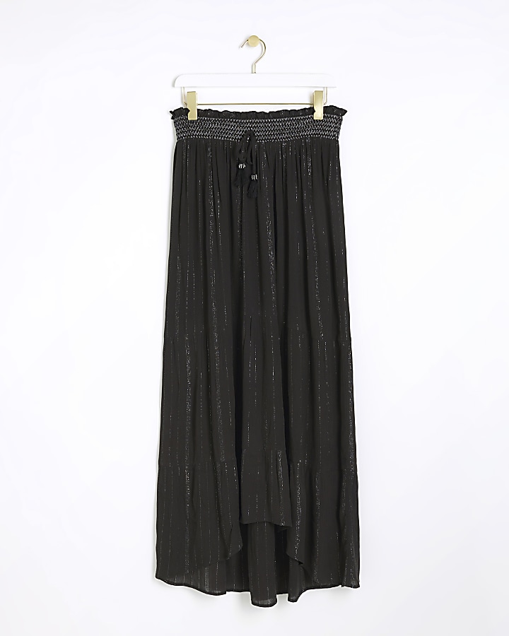 Black shirred glitter maxi skirt