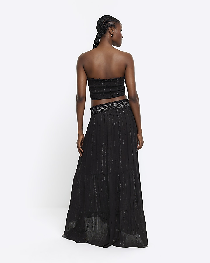 Black shirred metallic maxi skirt