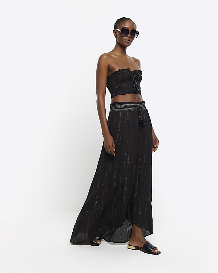 Black shirred glitter maxi skirt