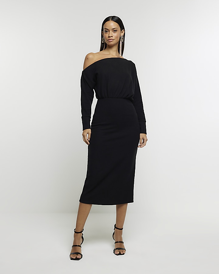 Black asymmetric sweatshirt maxi dress | River Island