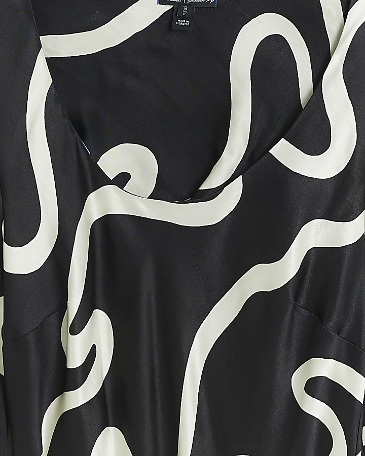 Black abstract belted slip midi dress