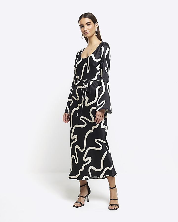 Black abstract belted slip midi dress