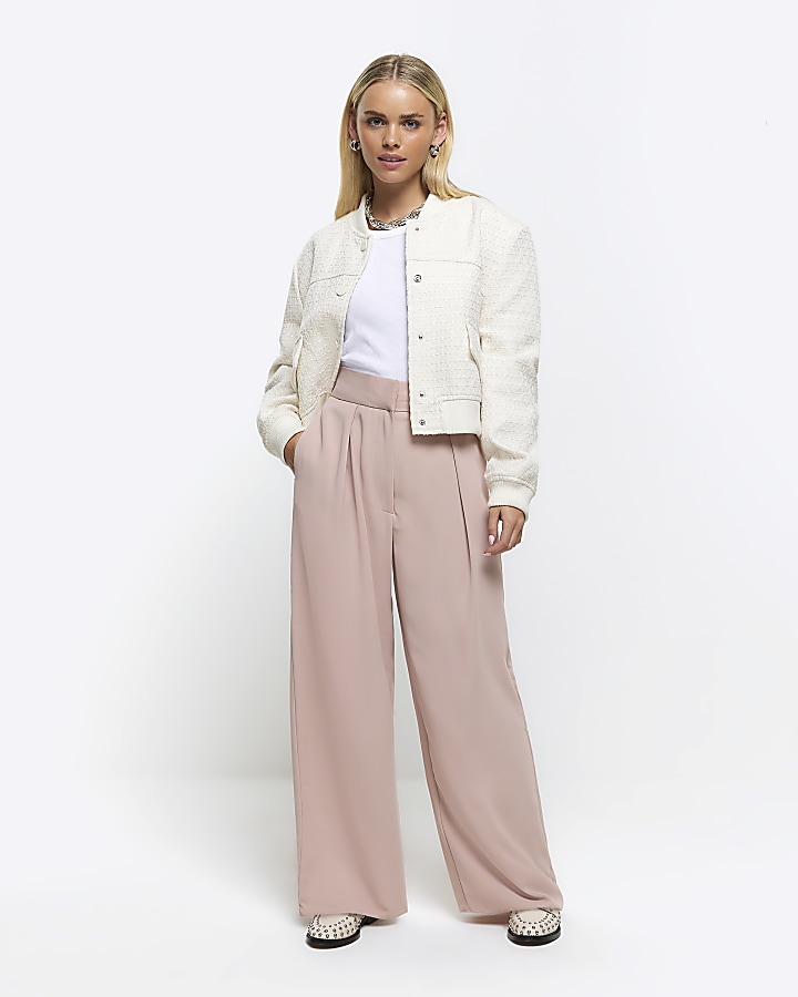 Petite pink high waisted wide leg trousers