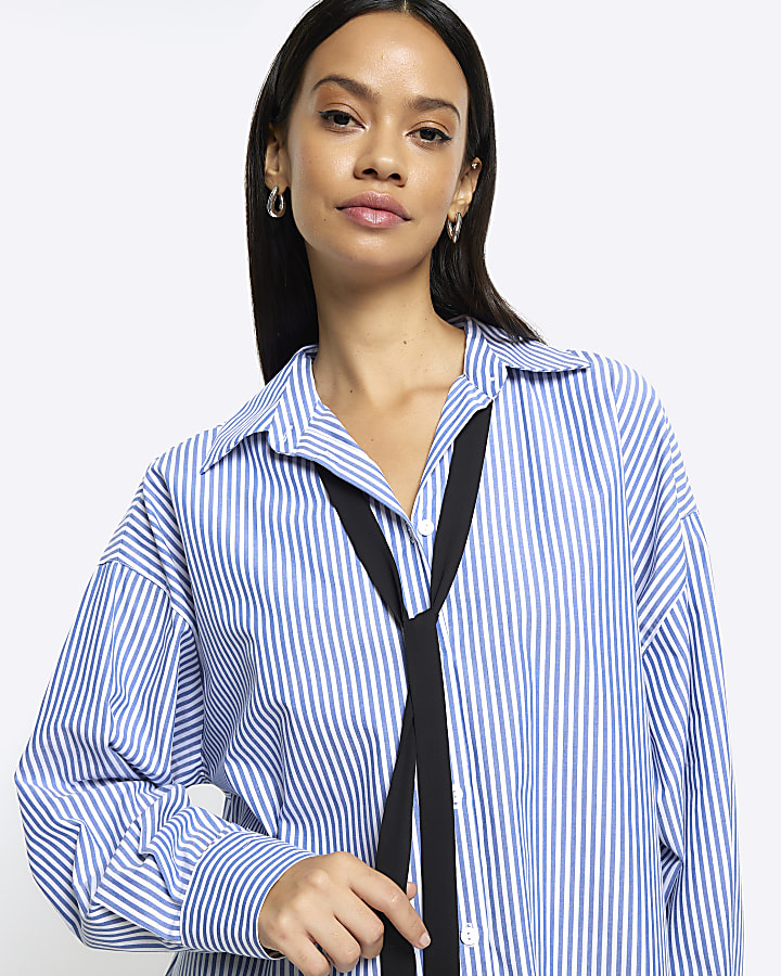 Blue stripe tie neck oversized shirt | River Island