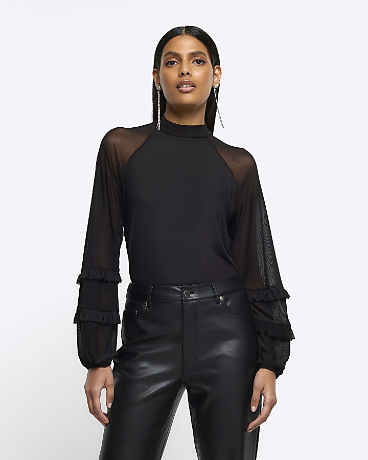 Black mesh sleeve blouse | River Island