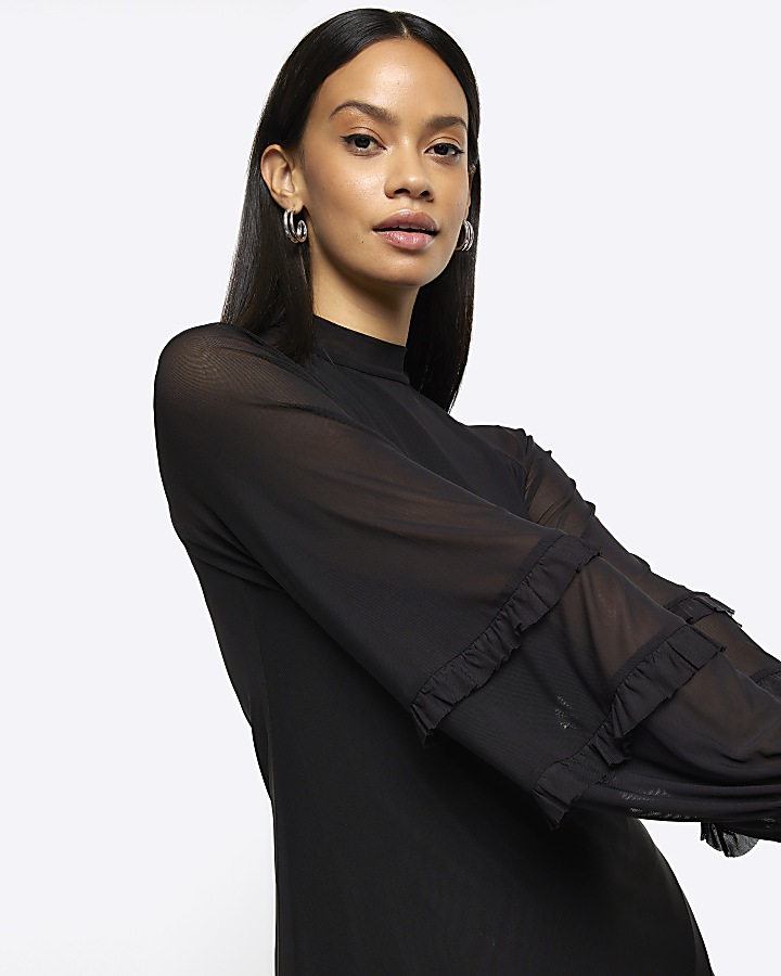 Black mesh sleeve shift mini dress | River Island