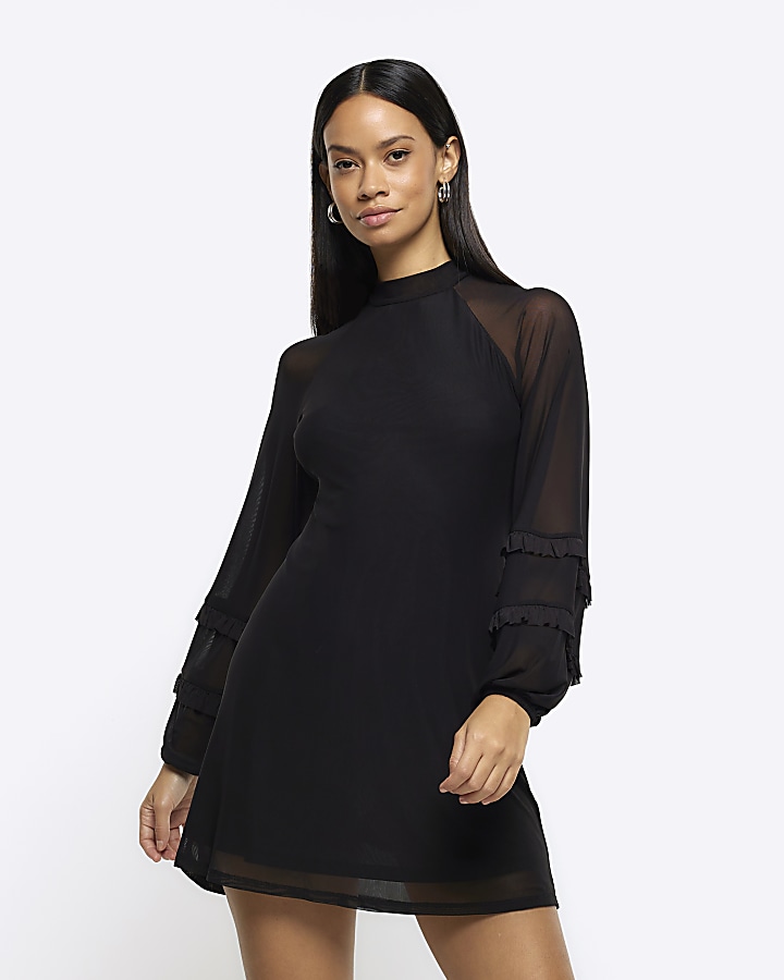 Black mesh sleeve shift mini dress