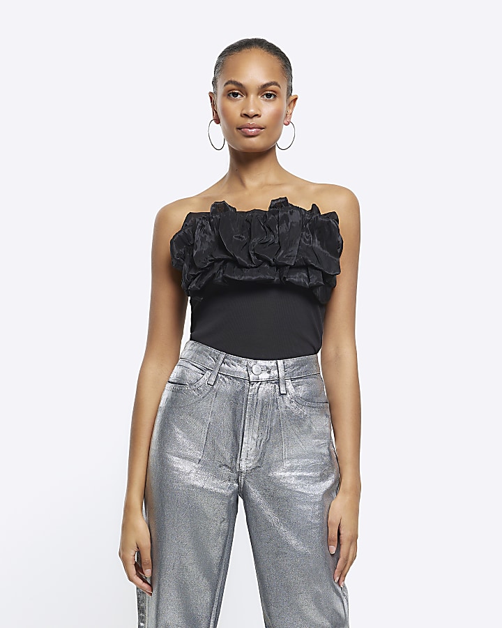 Black ruffle bandeau store top