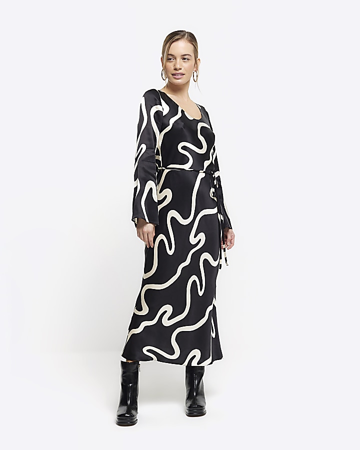 Petite black abstract belted slip midi dress