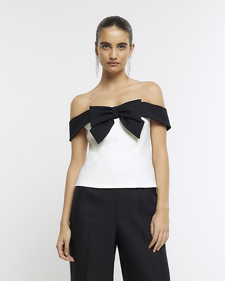 White bow detail bardot top