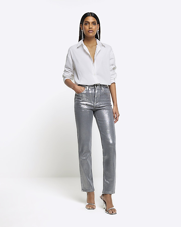 Silver slim straight coated jeans