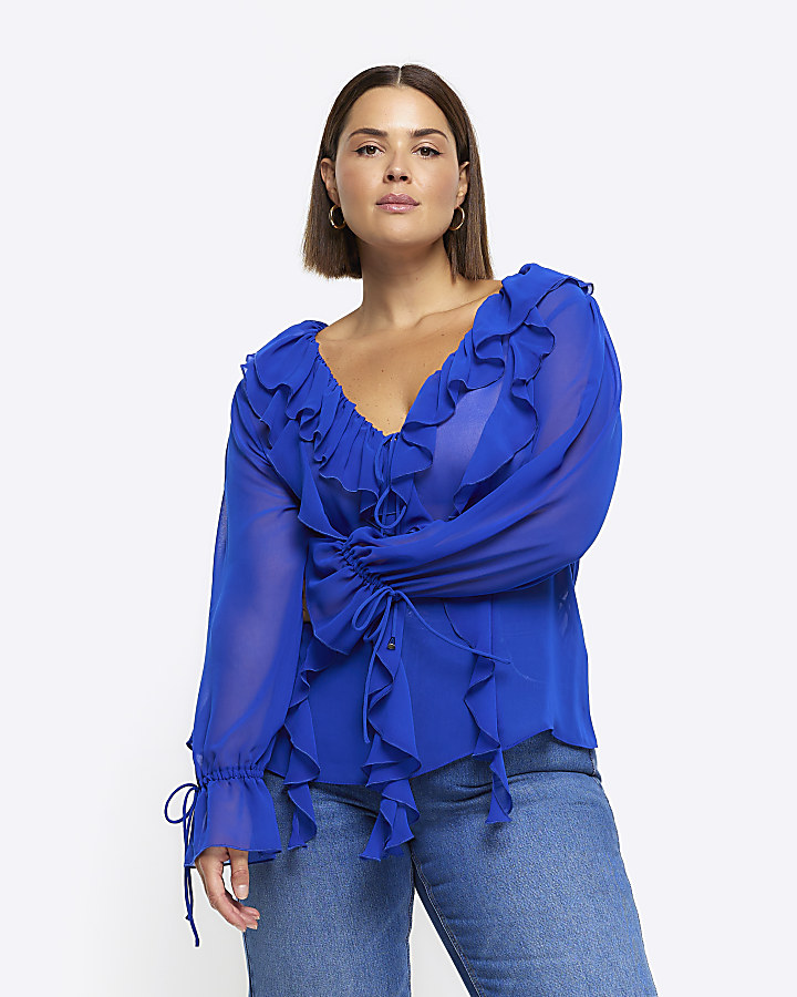 Plus blue frill long sleeve blouse | River Island