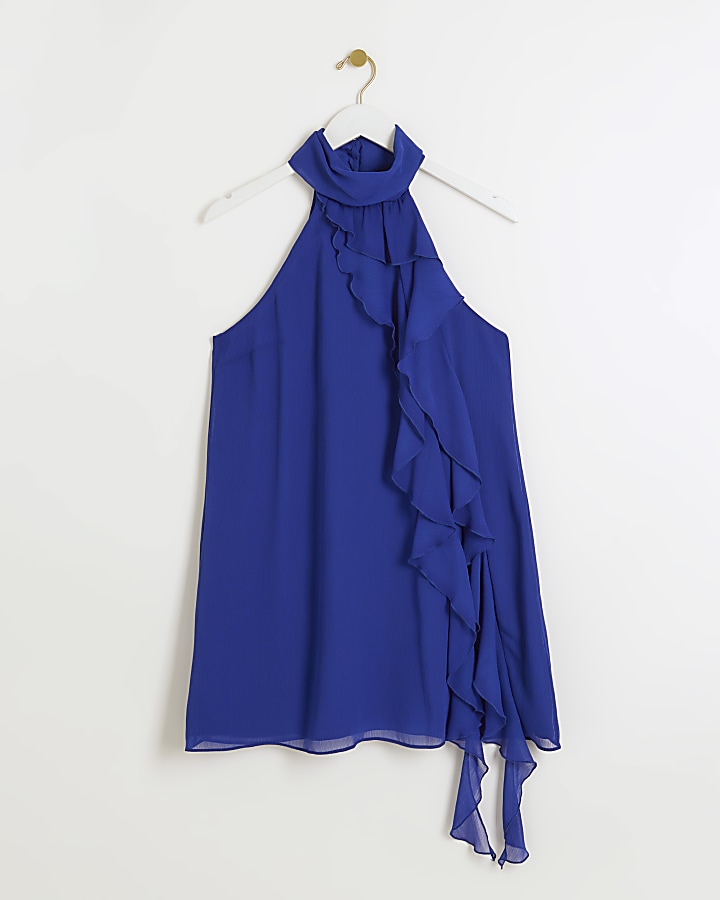 Petite blue frill halter shift mini dress