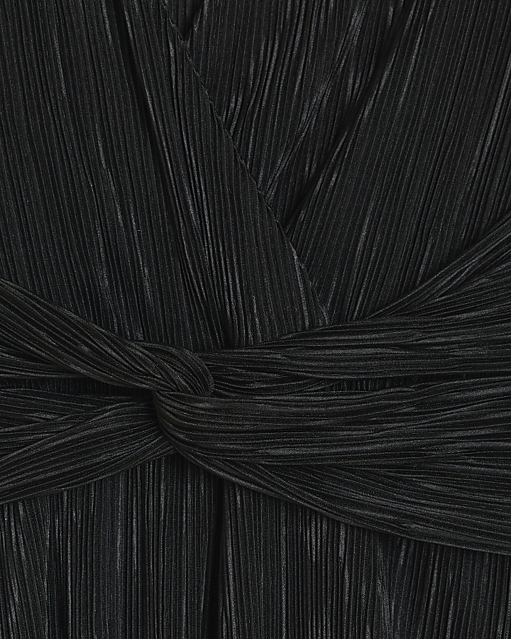 Black plisse plunge bodycon midi dress