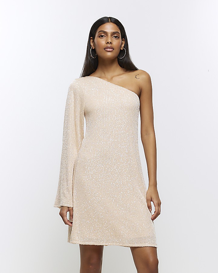 Cream sequin one shoulder shift mini dress