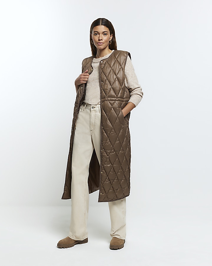 Brown quilted longline gilet