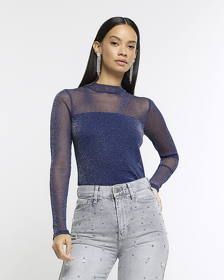 Mesh Glitter Long Sleeve Top