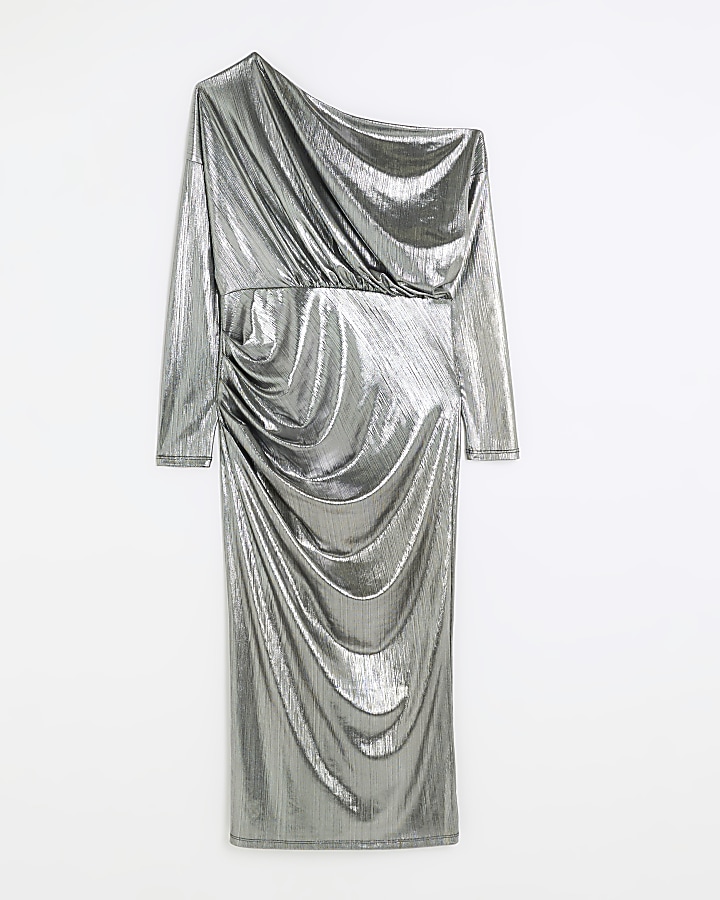Silver off shoulder bodycon midi dress