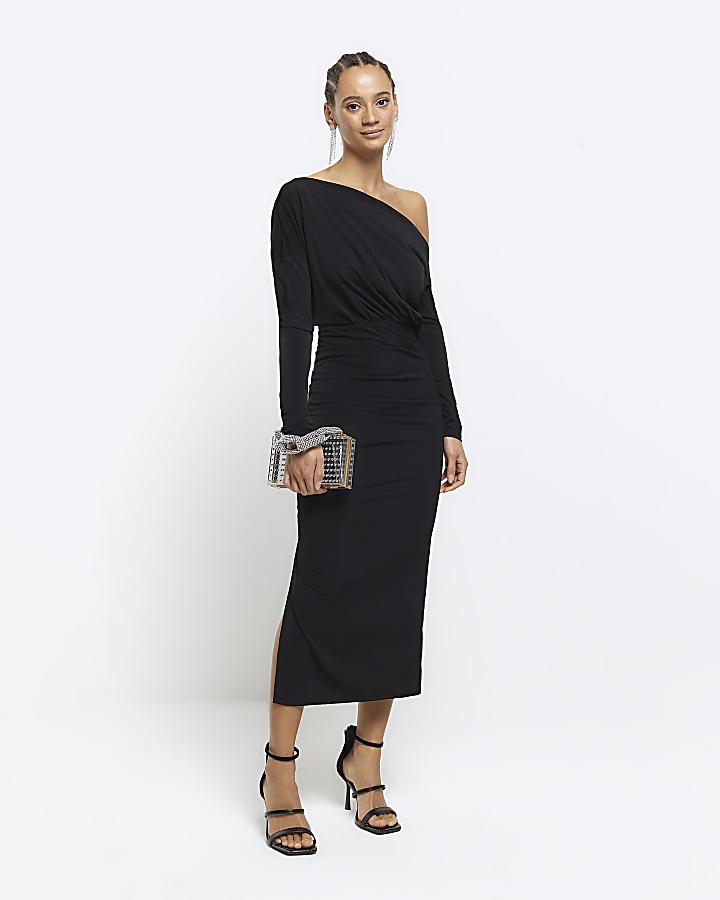 Black off shoulder bodycon midi dress