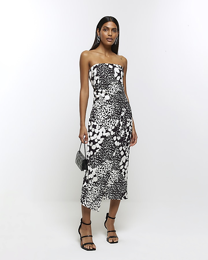 White animal print bandeau midi dress