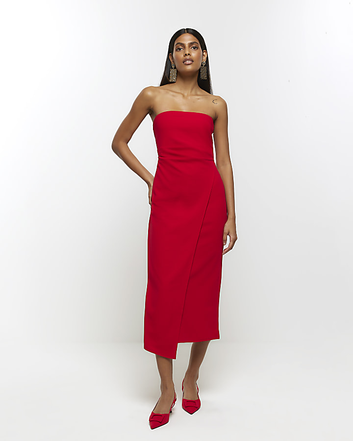 Red strapless midi store dress