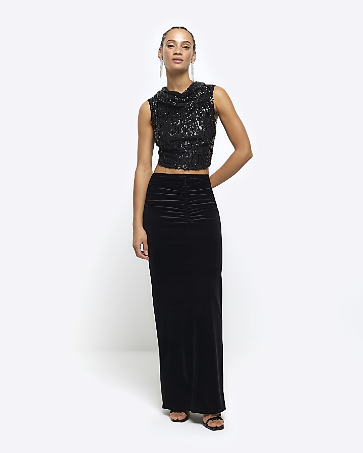 Black velvet ruched bodycon maxi skirt