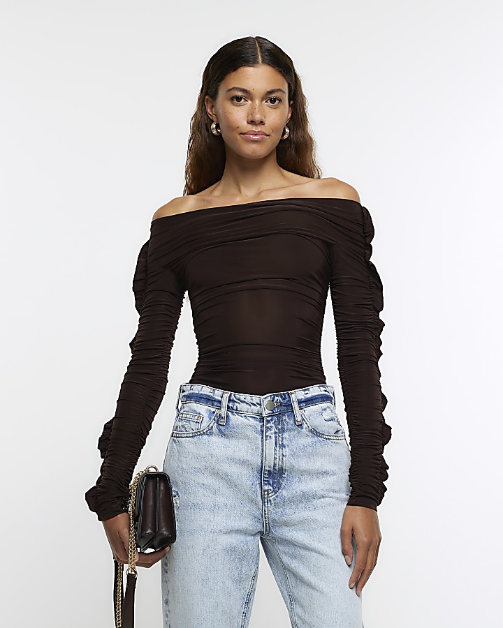 Brown Tall Off The Shoulder Ruched Detail Bodysuit