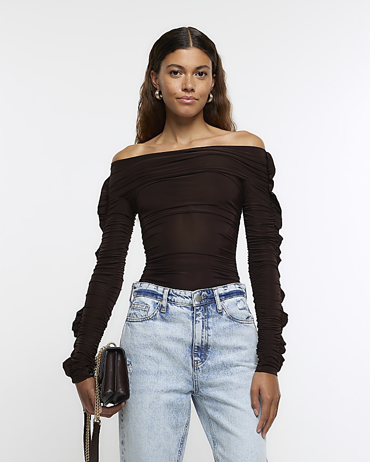 Brown ruched bardot bodysuit