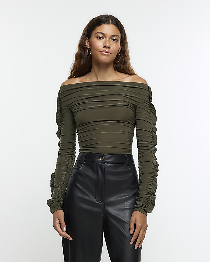 Khaki ruched bardot bodysuit