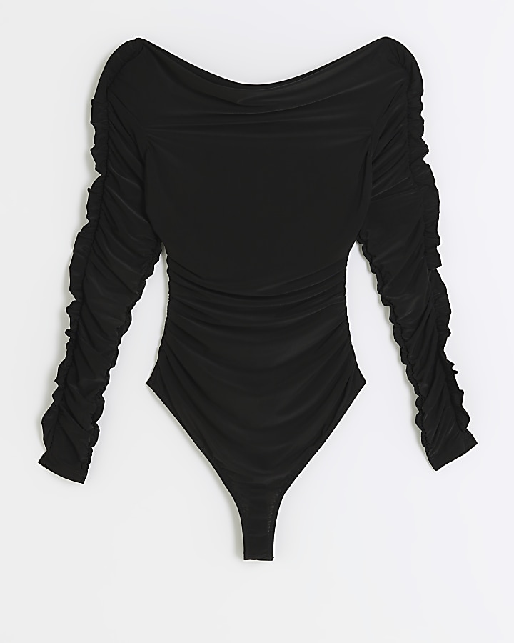 Black ruched bardot bodysuit