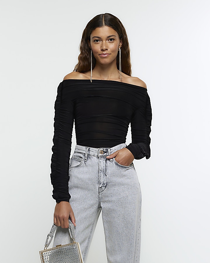 Black ruched bardot bodysuit | River Island