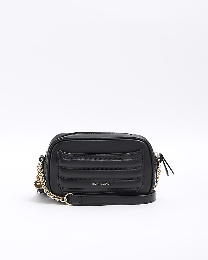 Black quilted flap front cross body bag