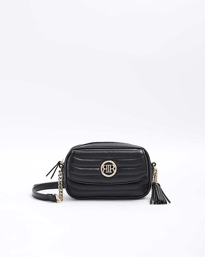 Black quilted flap front cross body bag