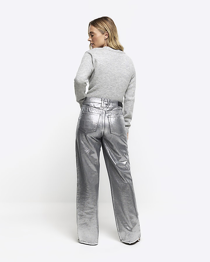 Silver high waisted straight coated jeans
