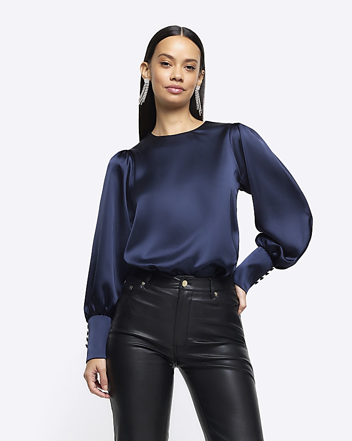 Navy satin long sleeve blouse