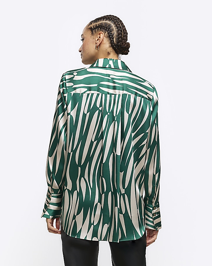 Green satin abstract oversized shirt
