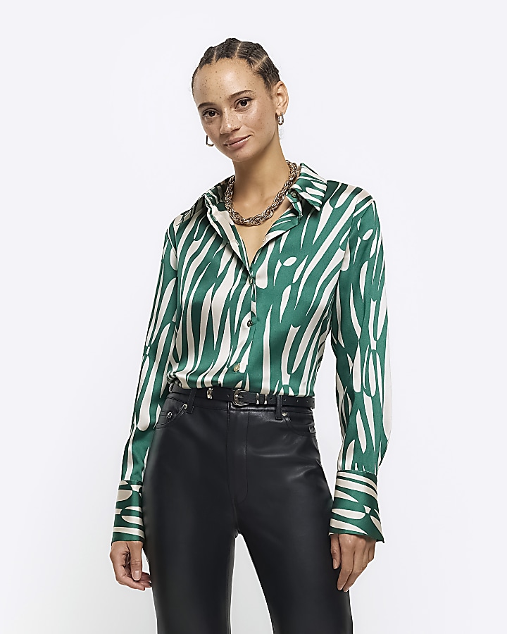 Green satin abstract oversized shirt | River Island