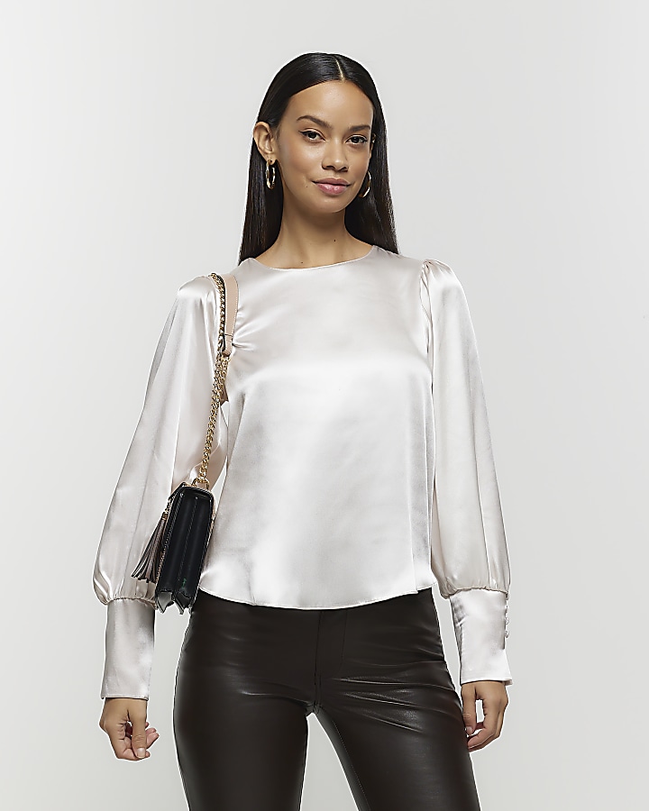 White satin blouse long sales sleeve