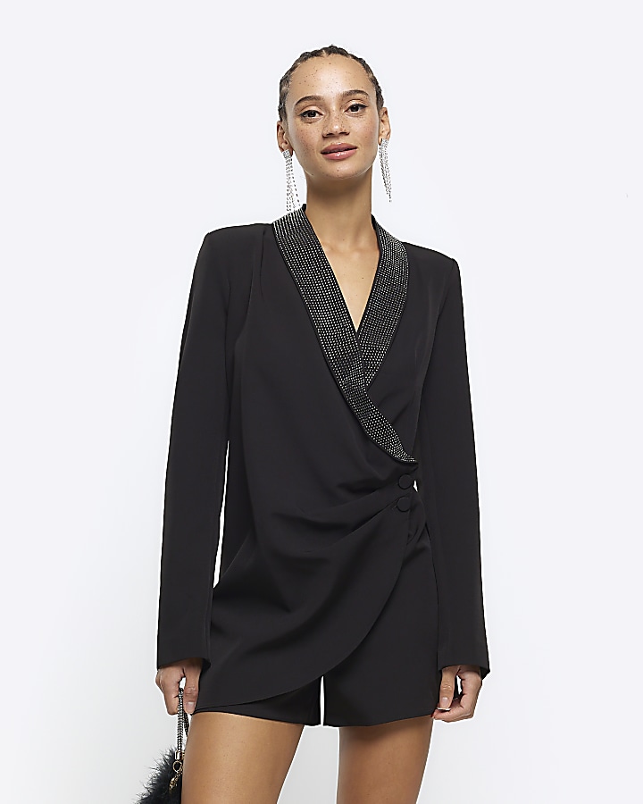 Black diamante collar wrap playsuit