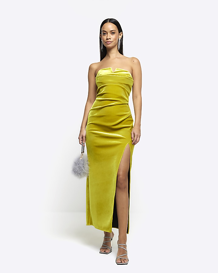 Yellow velvet bandeau midi dress