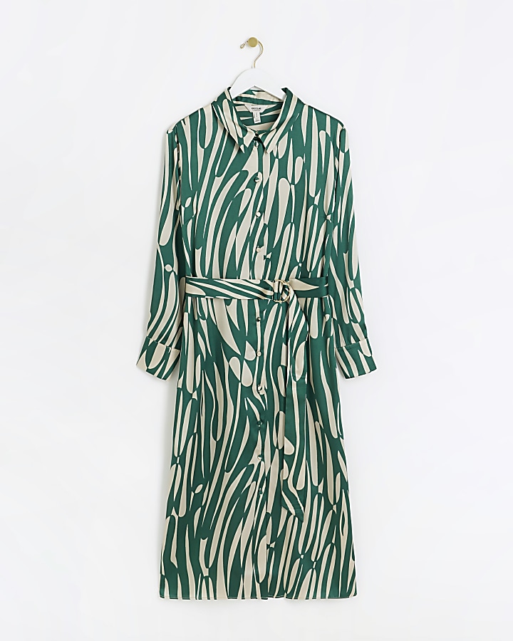 Green abstract belted midi shirt dress