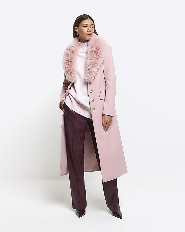 Pink Faux Fur Collar Longline Coat River Island