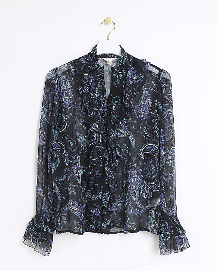Black chiffon paisley frill blouse
