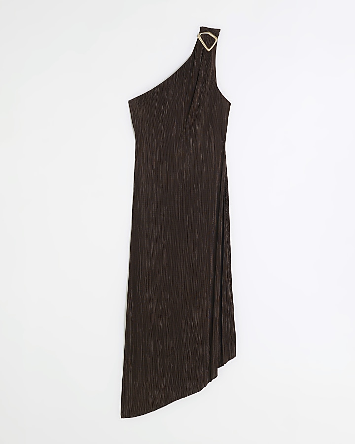 Brown plisse asymmetric bodycon midi dress